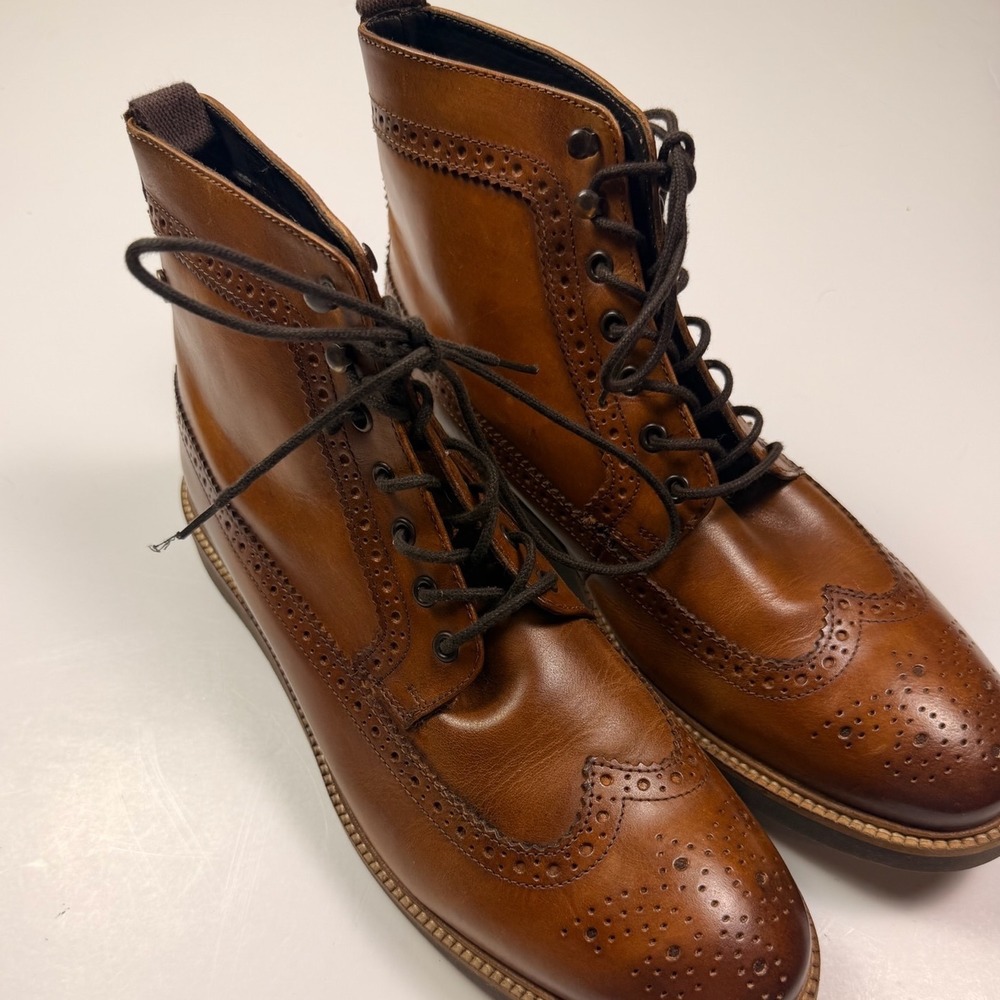 Base London Mens Cognac Brown Leather Wingtip Brogue Ankle Boots Dress Casual